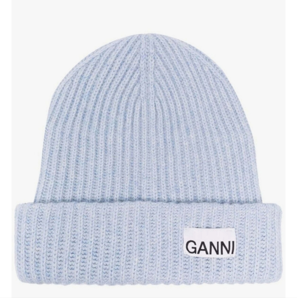 Ganni Light Blue Ribbed Cuff Beanie with Logo Patch